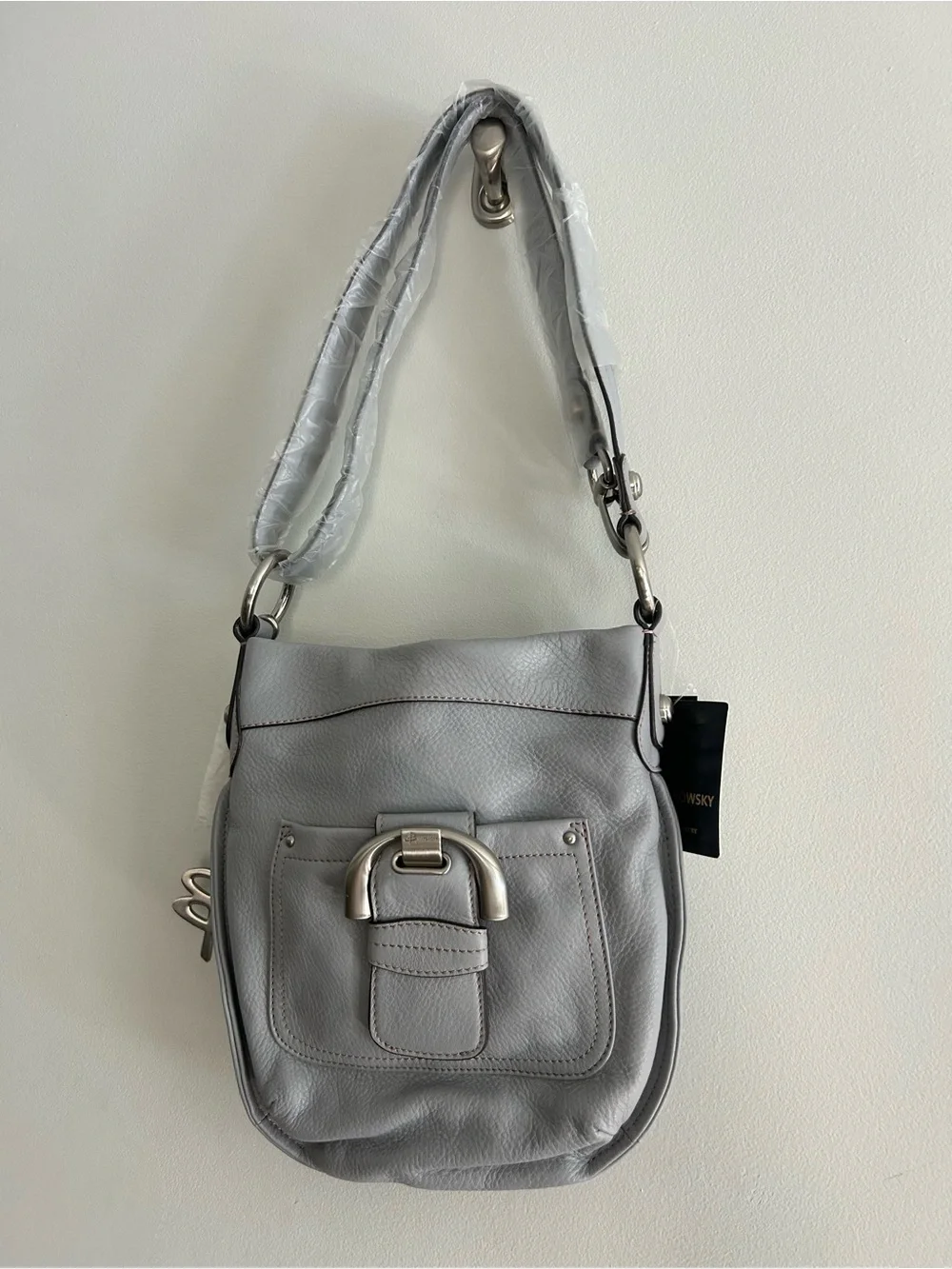 B MAKOWSKY Blue/Gray Leather Shoulder Bag with Silver Buckle